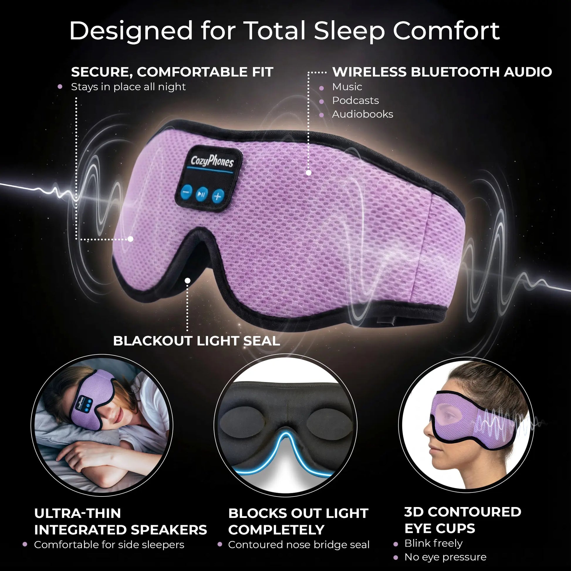 Bluetooth Sleep Mask with Headphones – 3D Contoured Memory Foam Eye Mask, Wireless Eye Mask for Sleeping, Adjustable Sleep Headphones, Bluetooth 5.4, 14H Playtime